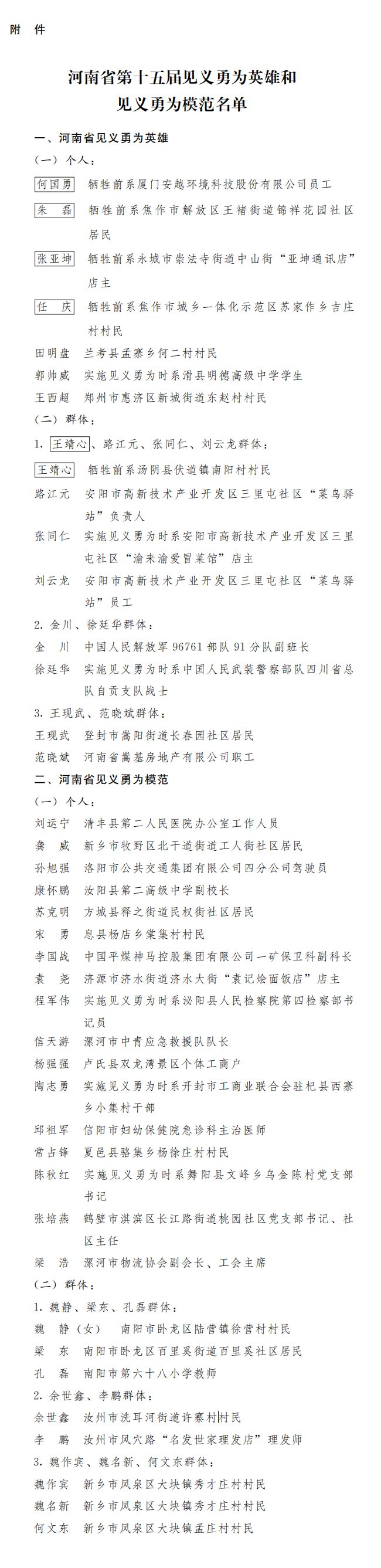 河南省人民政府关于表彰河南省第十五届见义勇为英雄和见义勇为模范的决定